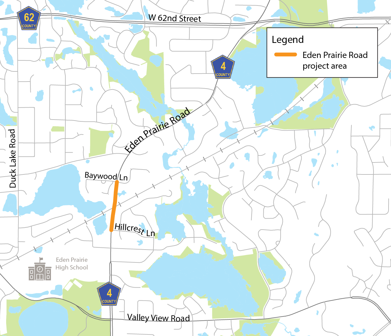 A map showing the project area on Eden Prairie Road bridge (County Road 4) from Hillcrest Lane to Baywood Lane