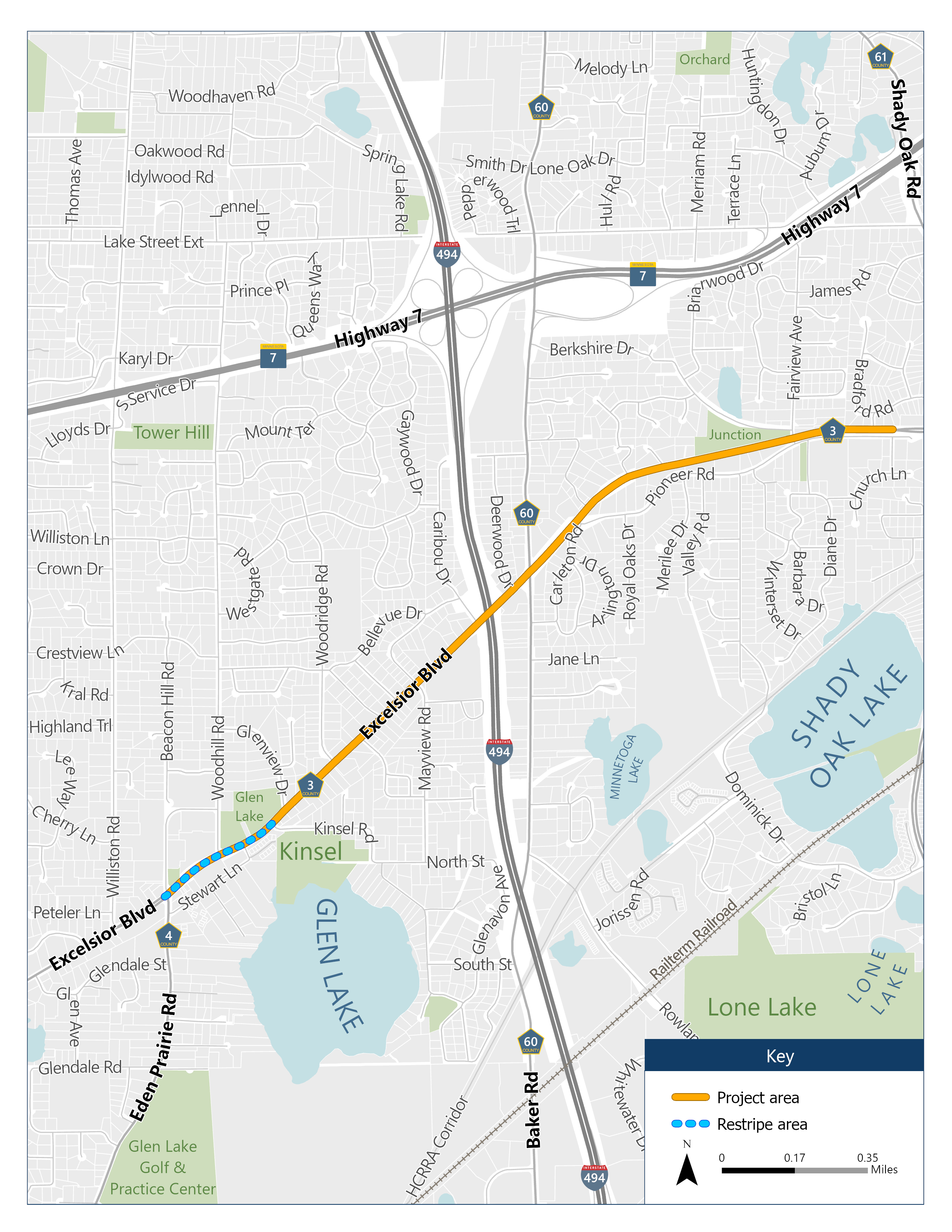A project area map of Excelsior Boulevard (County Road 3) from Eden Prairie Road (County Road 4) to Church Lane in the City of Minnetonka