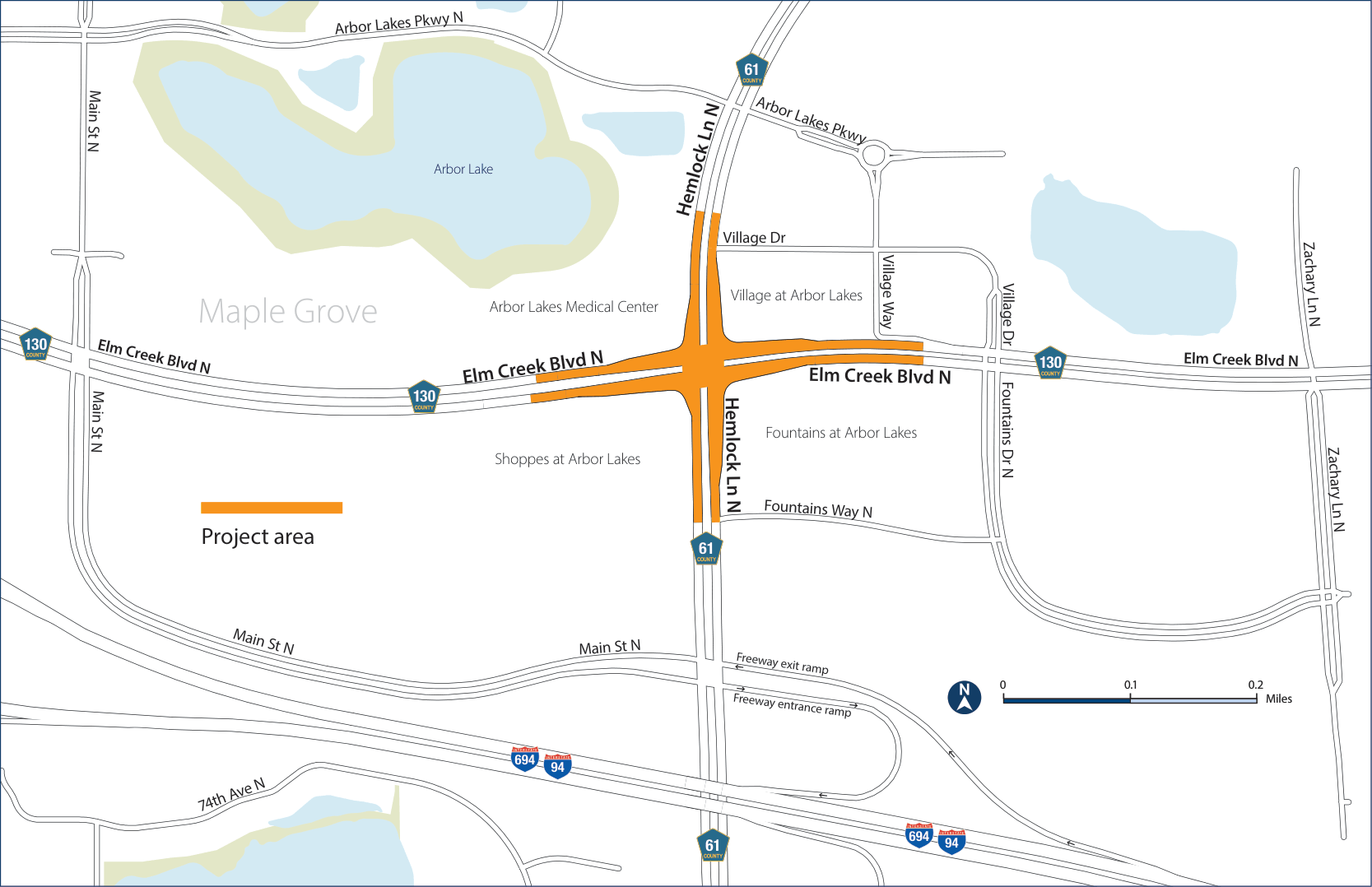 A map showing the project area at Hemlock Lane (County Road 61) and Elm Creek Boulevard (County Road 130) in Maple Grove.