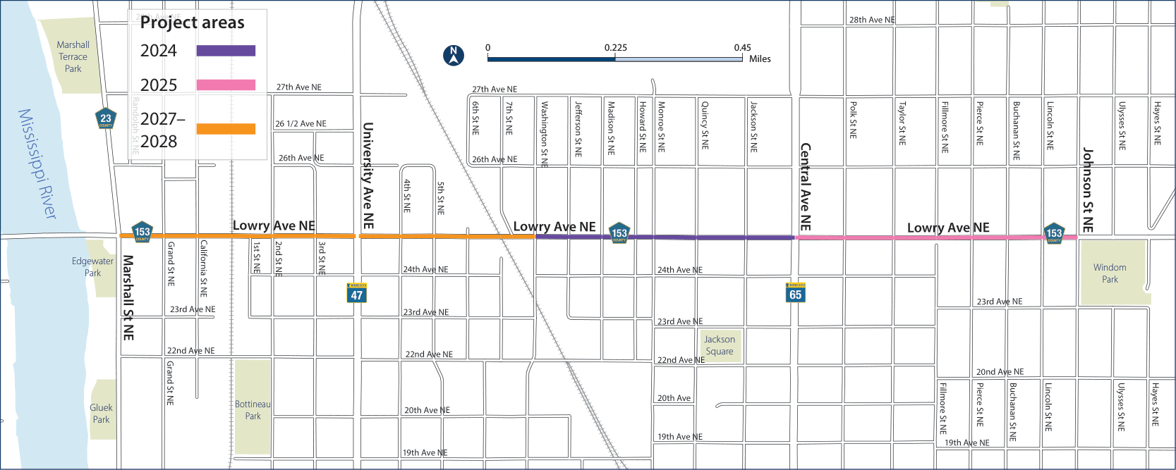 A map showing the project area on Lowry Avenue (County Road 153) between Marshall Street (County Road 23) and Johnson Street in Northeast Minneapolis.