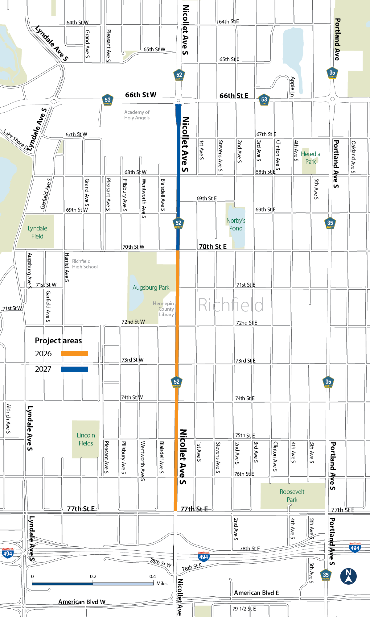 A map showing the project area on Nicollet Avenue in Richfield from 66th Street to 77th Street