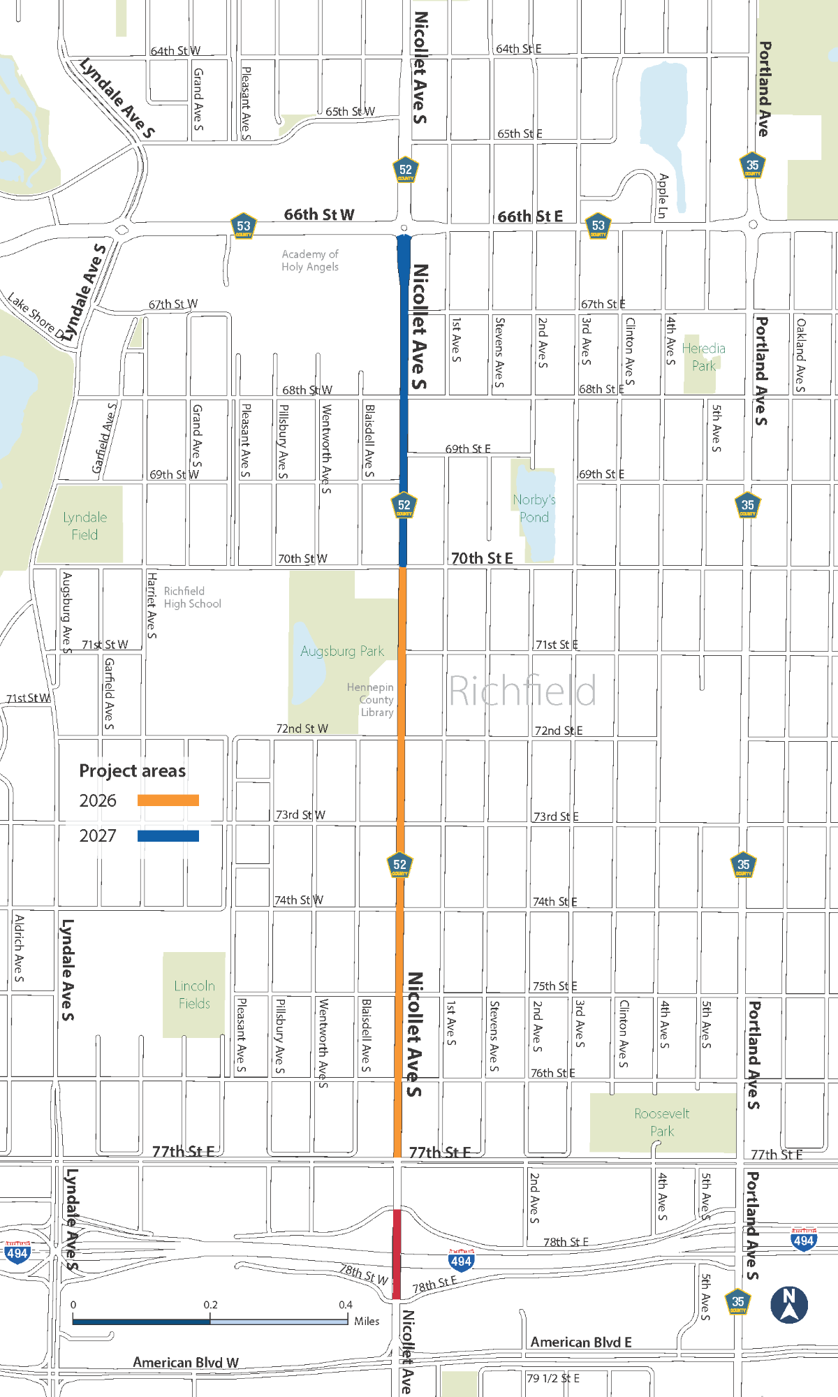 A map showing the project area on Nicollet Avenue in Richfield from 66th Street to 77th Street